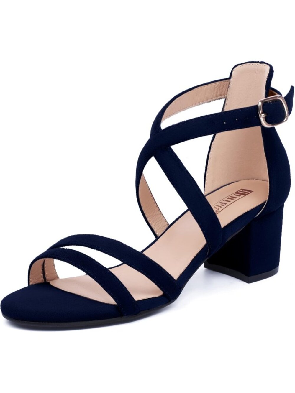 Women's Blue Suede Block Low Chunky Heel Open Toe Ankle Strap Dress Sandals